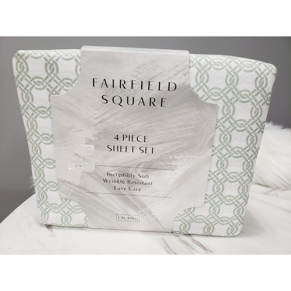 NEW CALI KING Sage Interlocking CALI FOUR PIECE SHEET SET FITTED FLAT MINIMALIST